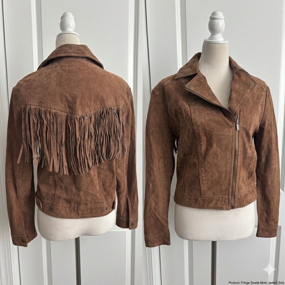 Friday's Project Brown Suede Fringe Moto Jacket Size S 100% Genuine Pig Leather